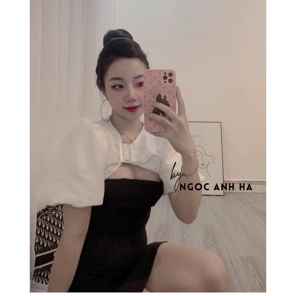 Váy nữ tafta đen dáng A, phối tay bồng trắng, ôm eo gợi cảm- Follow Me