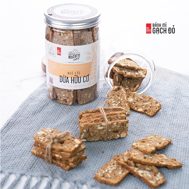 Biscotti Dừa Gạch Đỏ 250g, không đường, ngọt từ gạo lứt và mật ong, chuẩn ăn kiêng