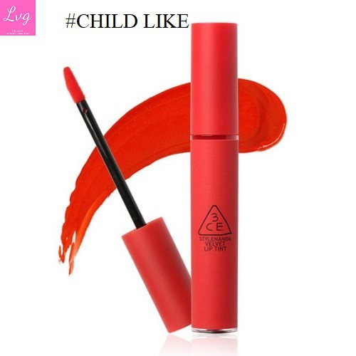 Son kem 3ce velvet lip tint màu Childlike đỏ cam.