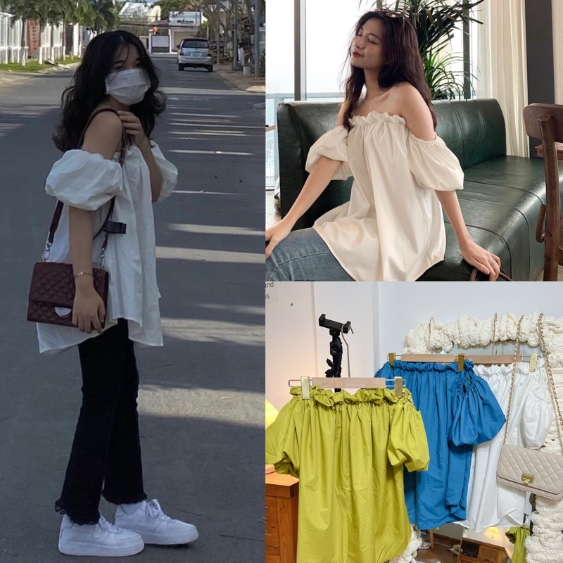 [Ảnh thật/Video] Áo trễ vai Pastel  tay phồng form dáng giấu quần mặc đi biển du lịch xinh xắn ulzzang