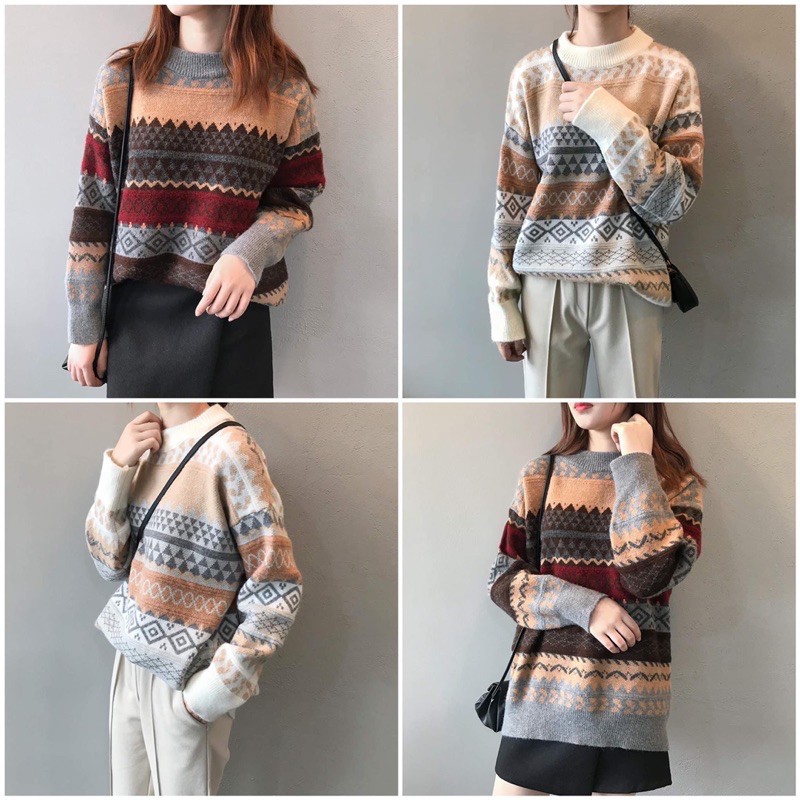 [Hàng Đẹp] Áo Len Lông Vintage Hoạ Tiết Thổ Cẩm