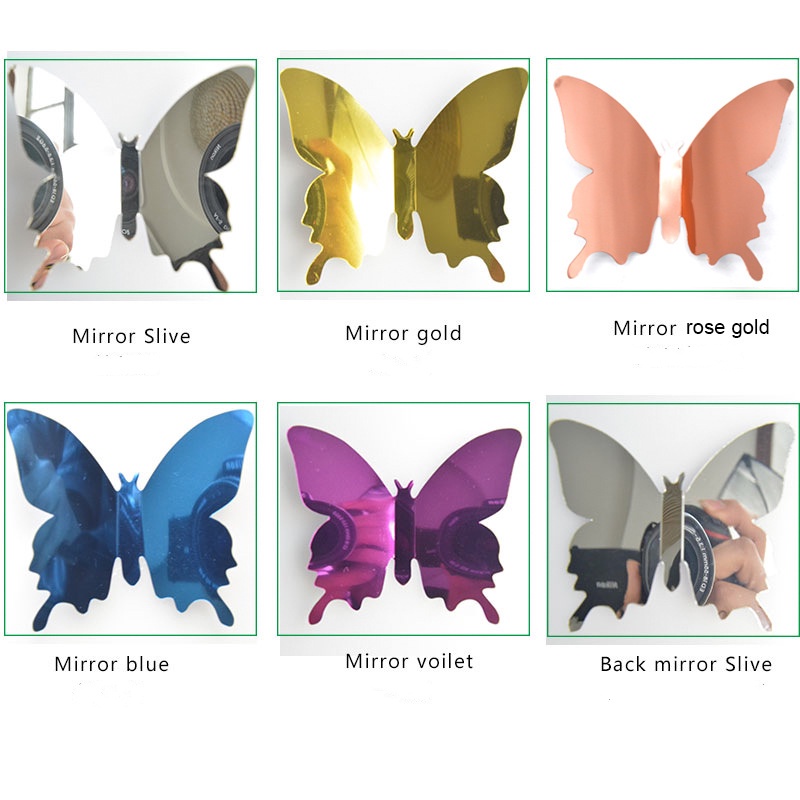 Set 12 Miếng Dán Tường Hình Bướm 3D Tráng Gương DIY