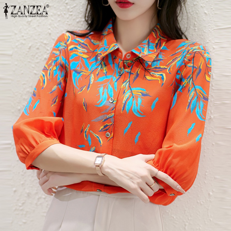 Áo sơ mi ZANZEA tay lửng cổ bẻ in họa tiết thanh lịch thời trang dành cho nữ