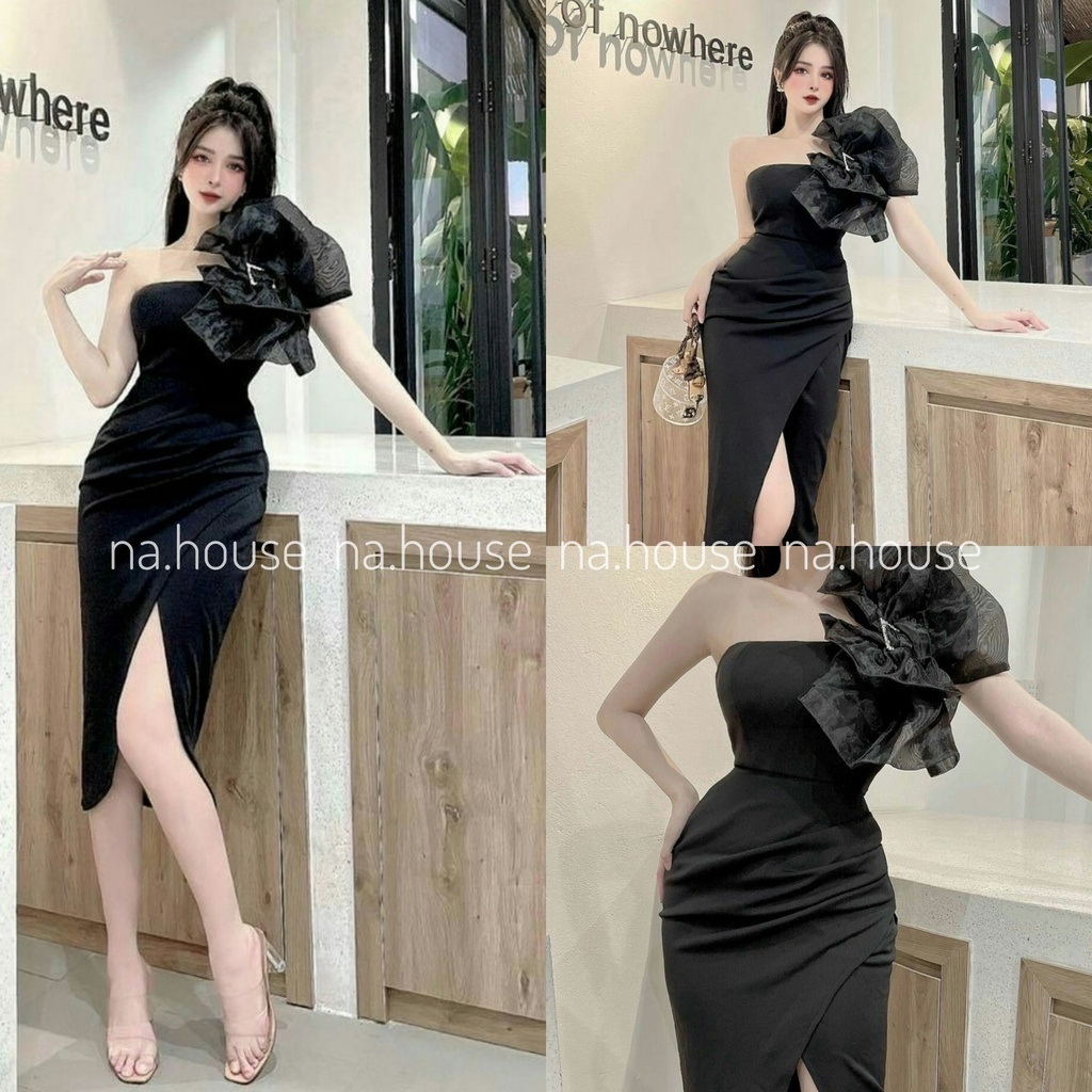 Đầm body đen xẻ tà đi dự tiệc cưới sinh nhật Nahouse váy ôm body đầm cúp ngực nơ vai thiết kế đẹp xinh xịn và sang trọng