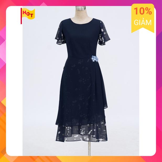 Váy/ đầm trung niên voan xanh than, họa tiết hoa nhí nhẹ nhàng cho mẹ đi du lịch, đi chơi DV15