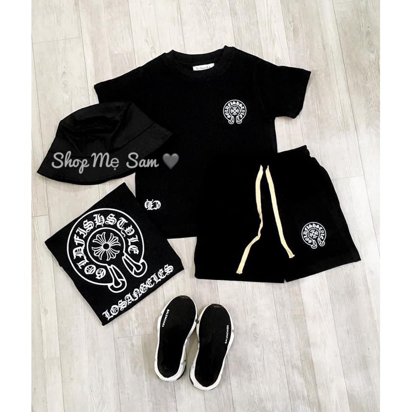Set quần áo cộc bé trai bé gái Chrome Heart 100% cotton trắng/đen - Samy_vn