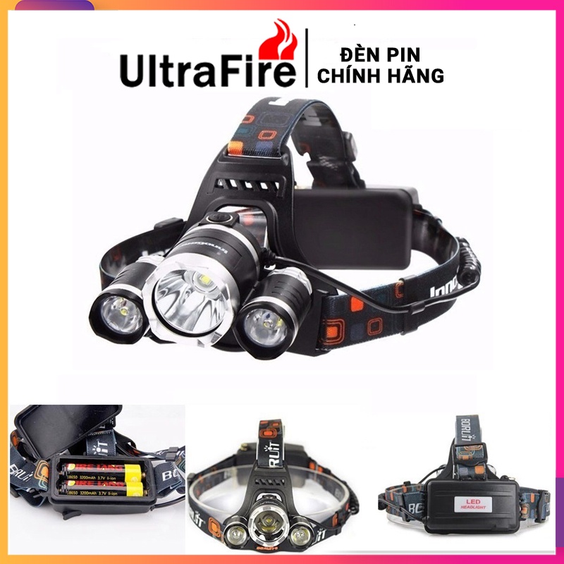 Đèn pin đội đầu mini * Đèn pin đội đầu 3 bóng led t6 siêu sáng * kèm 2 pin và sạc, chống nước - Bảo hành uy tín