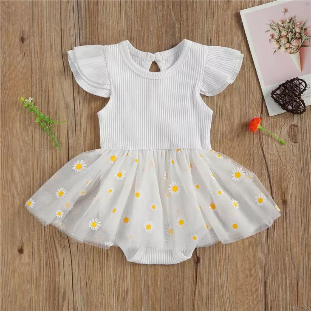[babytoys] Summer Baby Girl Flying Sleeve Rompers Infant Lace Mesh Daisy Printed Princess Dress Toddler Triangle Bodysuit 0-18M