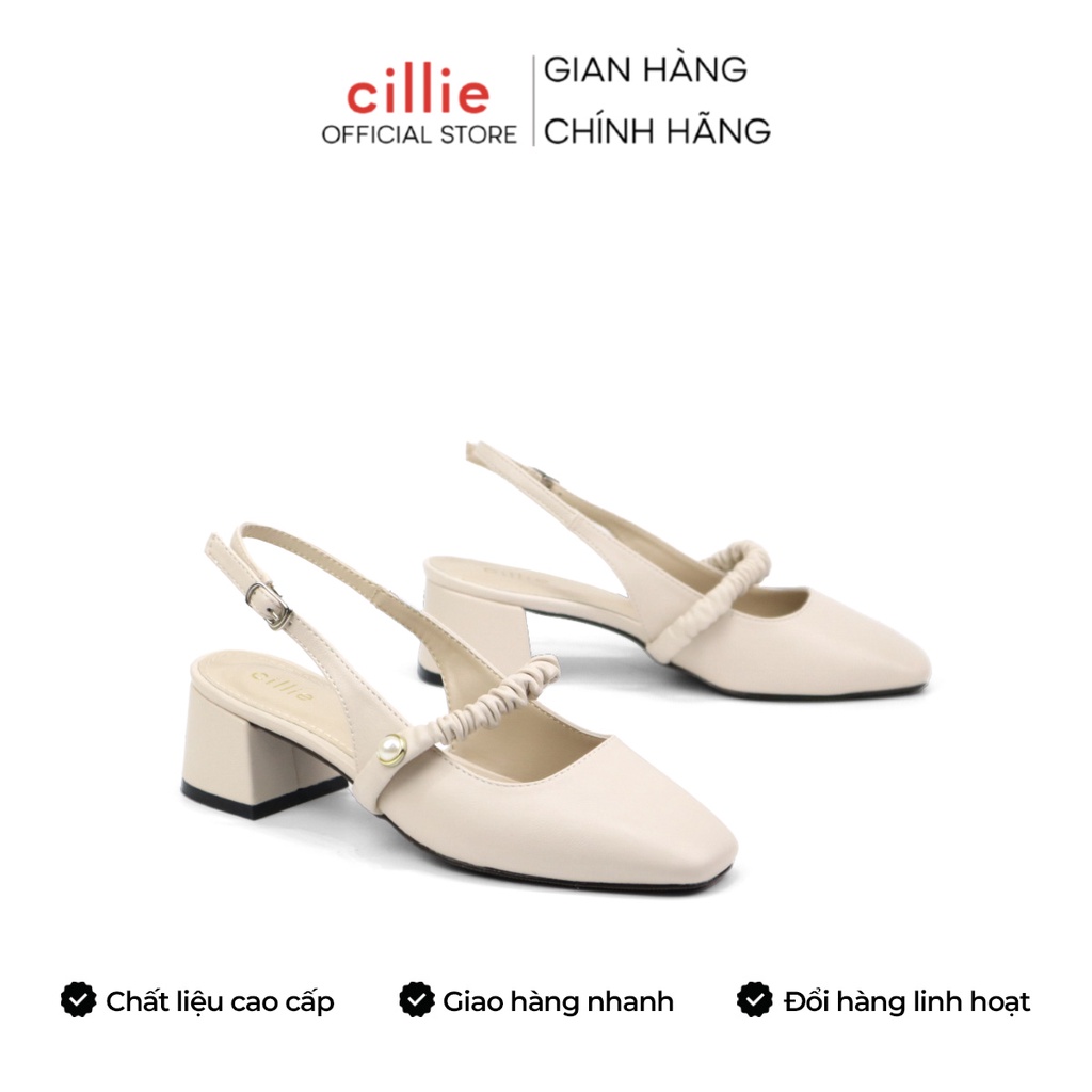 Giày cao gót slingback nữ quai ngang nhúng bèo tiểu thư đế vuông cao 5cm đi học đi làm Cillie 1089