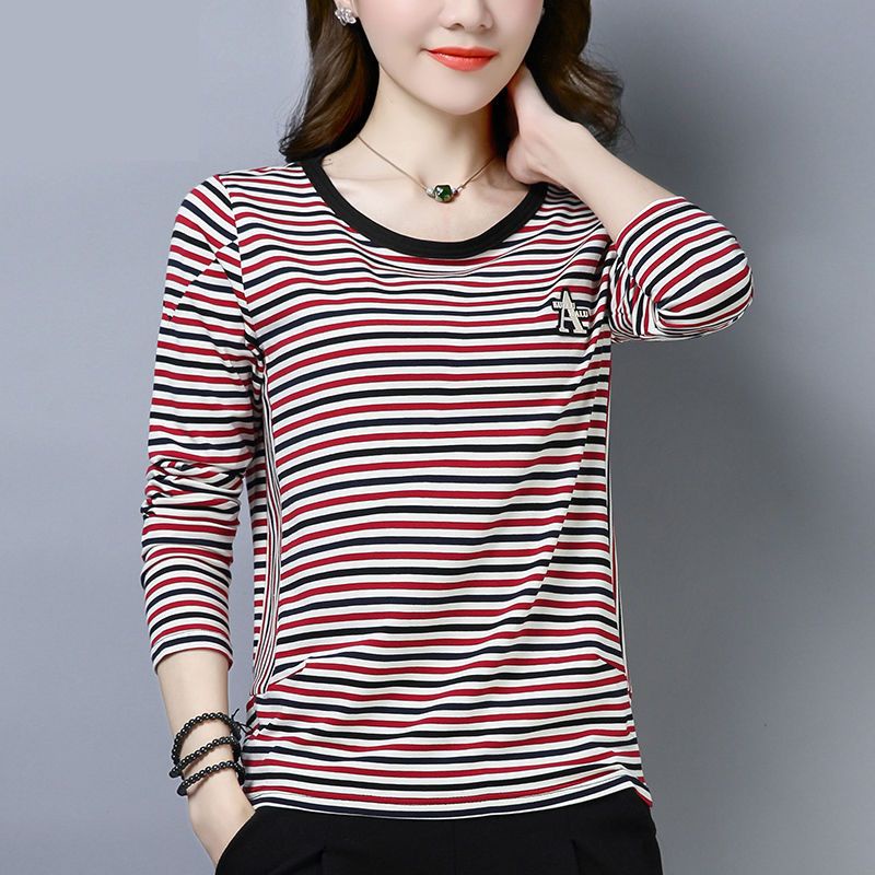 Áo Thun Tay Dài Họa Tiết Kẻ Sọc Phong Cách Phương Tây Thời Trang Mùa Thu Mới Cho Phụ Nữ Trung Niên