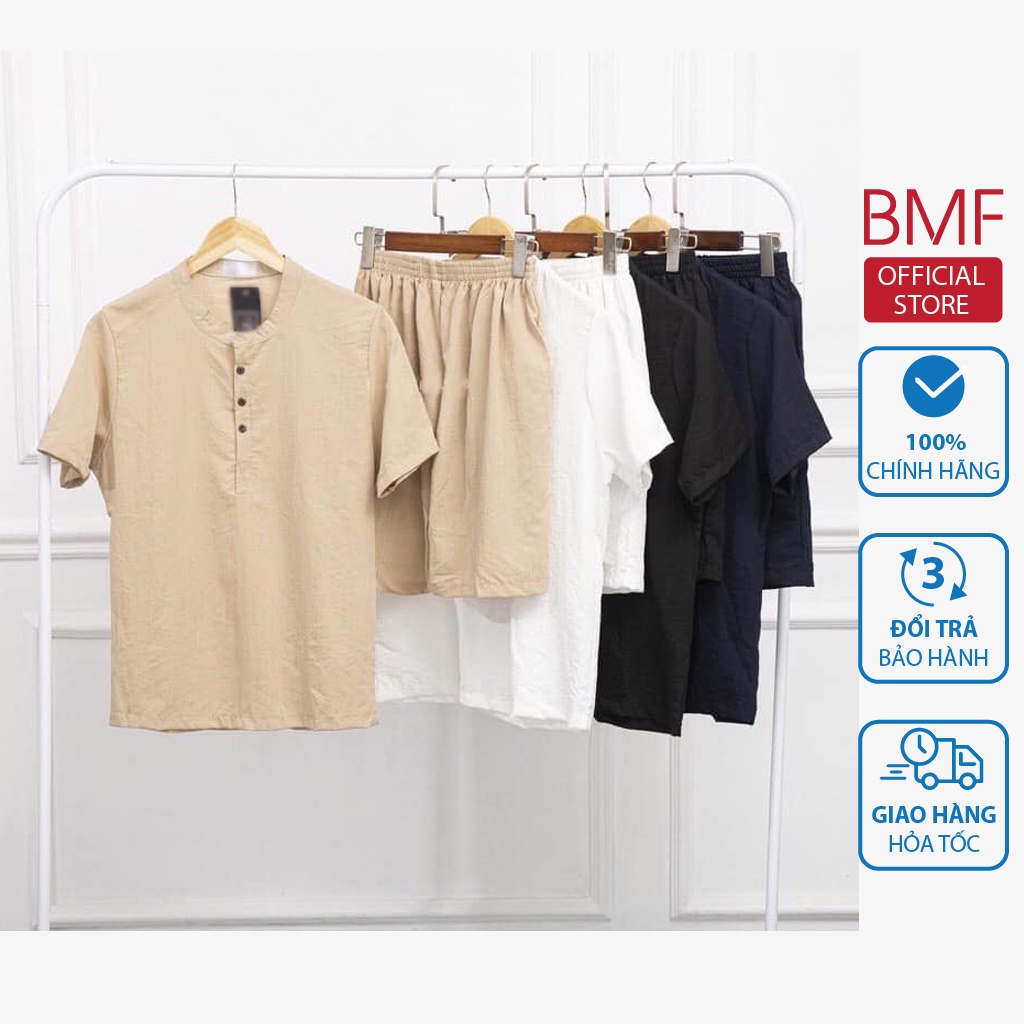 Bộ đũi nam cổ tàu thời trang Đồ bộ nam mặc nhà cao cấp chất liệu đũi xước mềm mại BMF