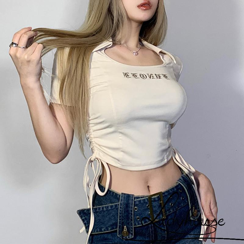 Áo Thun Croptop Ngắn Tay Thêu Chữ Phối Dây Rút Thời Trang Mùa Hè Cho Nữ
