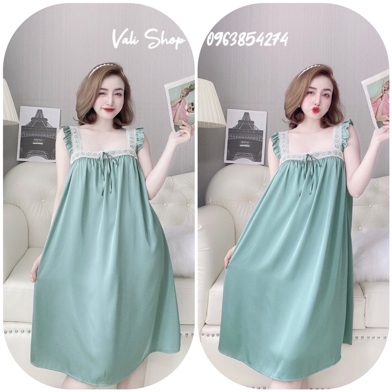 Váy ngủ mặc nhà lụa latin tay cánh tiên màu trơn freesize 42-60kg