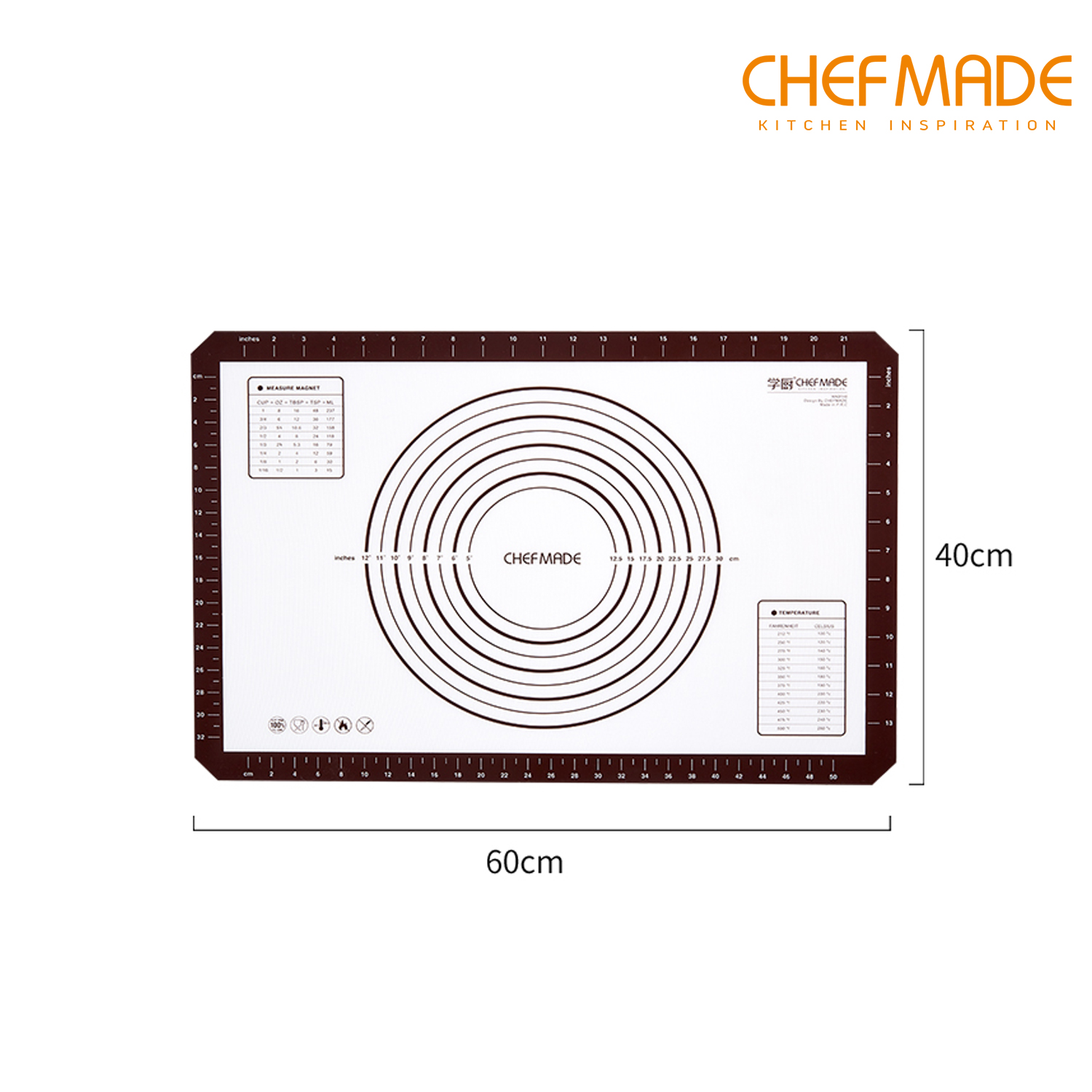 Tấm nhào bột CHEFMADE bằng Silicon cách nhiệt kèm vạch chia dùng cho làm fondant/vỏ bánh nướng 23.6" x 15.7"