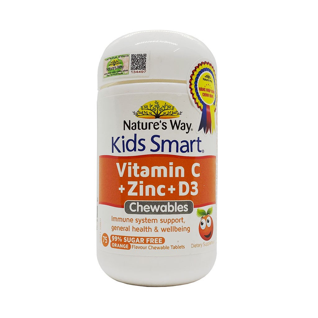 Nature's way Kid smart Vitamin C+ ZinC + D3 Chewable lọ 75 viên - Giúp trẻ phát triển khỏe mạnh