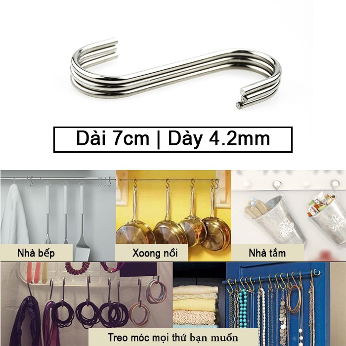 Móc treo đồ chữ S inox cao cấp chống gỉ, Dày 4.2mm &amp; dài 7cm, làm móc treo quần áo, dụng cụ nhà bếp