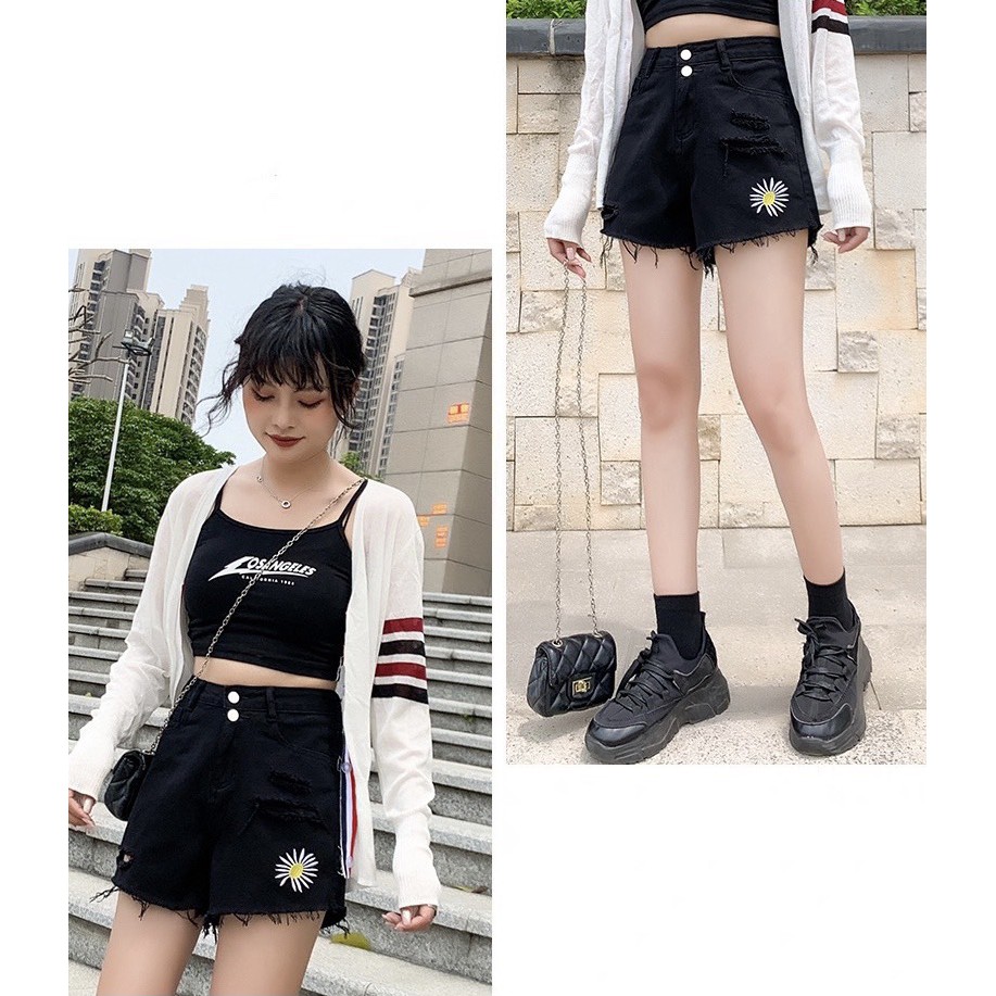 Quần short jean nữ Big Size lưng cao, co dãn mạnh, thêu hoa cúc hot trend 3453