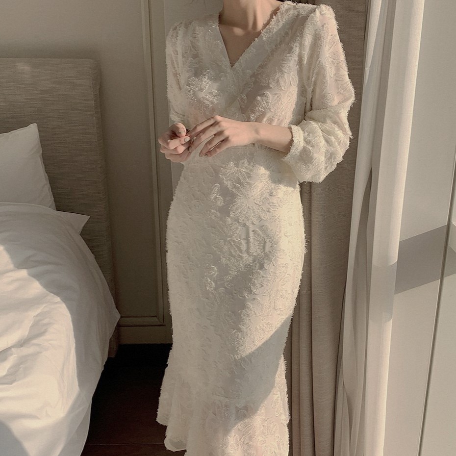 Đầm Midi Cổ Chữ V Màu Trơn Hợp Thời Trang 39379