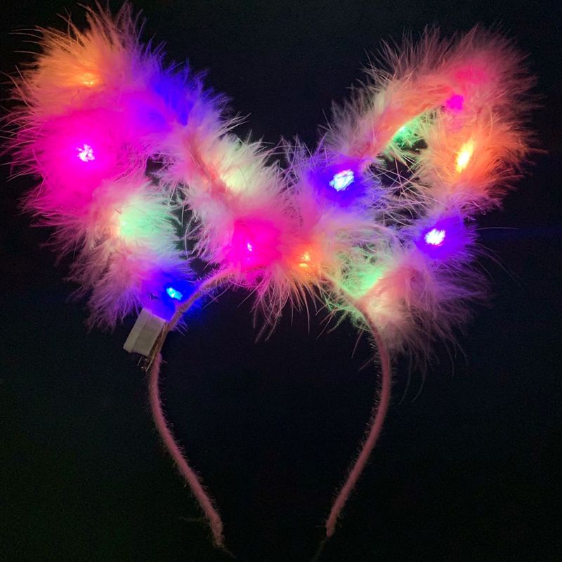 Băng Đô Cài Tóc Đính Lông Vũ Và Tai Thỏ 14 Đèn LED Phát Sáng Cho Nữ