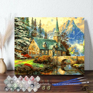 Tranh số hoá tự tô đã căng khung ngôi nhà dưới chân núi tranh tô màu theo số Hà Nội Painting
