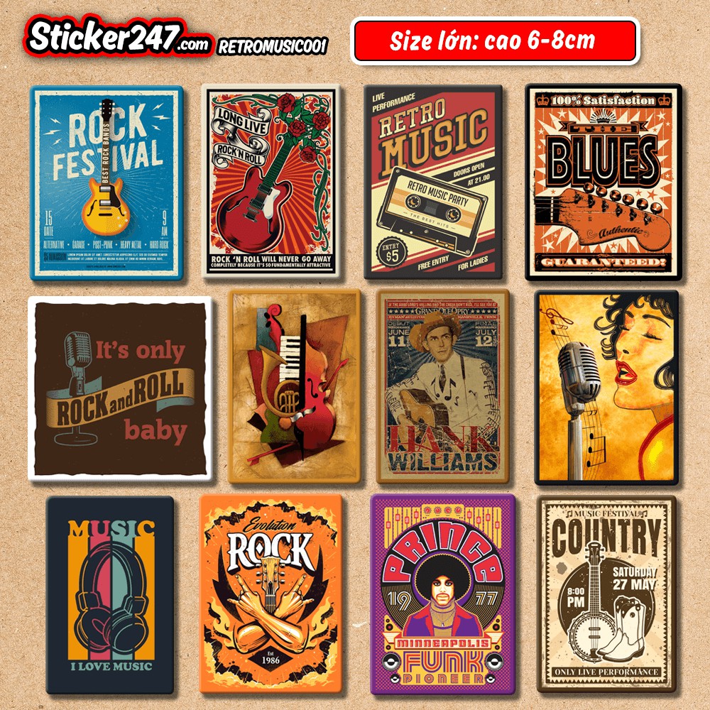 Sticker Vintage Retro Chủ đề Music 𝑭𝒓𝒆𝒆𝒔𝒉𝒊𝒑 chống nước, sticker dán laptop, ipad, điện thoại, đàn guitar, mũ bảo hiểm