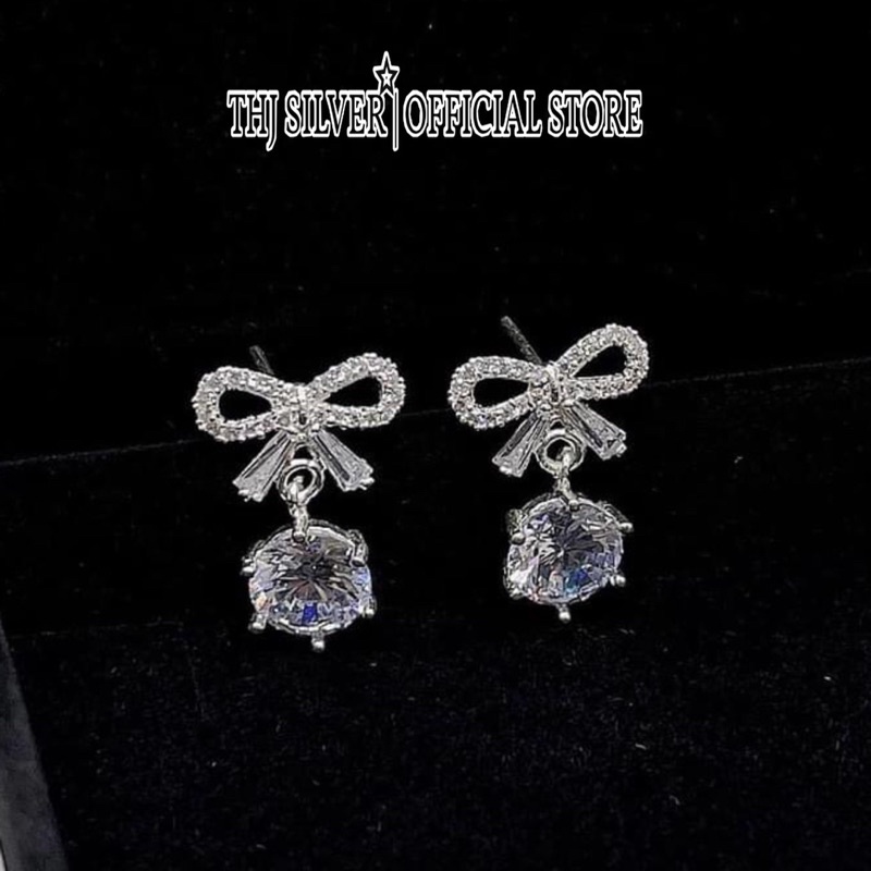 Bông tai nữ THJ - Bông tai nơ treo đá new dáng đẹp chuẩn bạc ta