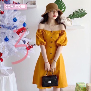 Đầm vintage tay phồng nút gỗ