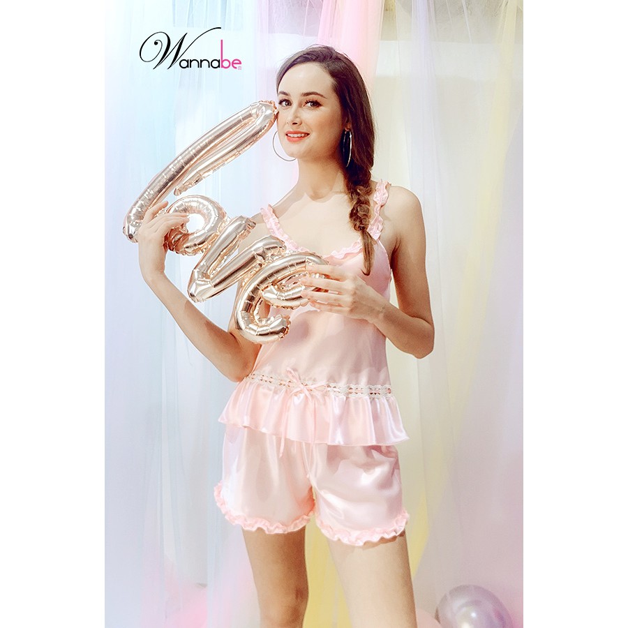 Đồ bộ mặc nhà Wananbe bộ short BSS09 dây vai dập lai bèo lạ mắt xinh xắn