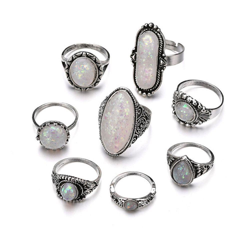 NIUYOU Set 8 Nhẫn Đốt Ngón Tay Điêu Khắc Đính Đá Opal Màu Sắc