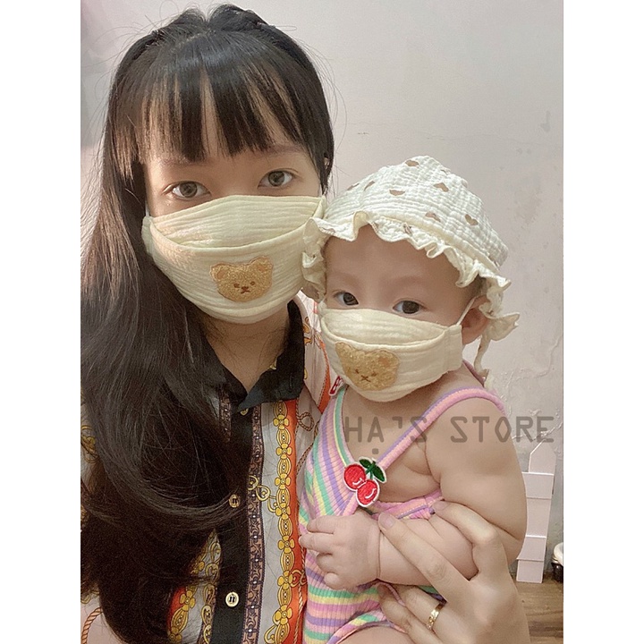 Khẩu trang muslin handmade hình gấu thêu cute chống nắng tái sử dụng nhiều lần an toàn cho bé