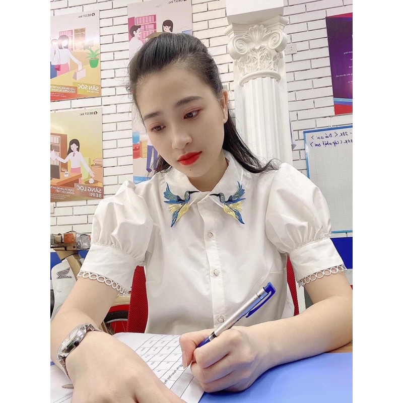 ÁO SƠ MI KATE LỤA CỔ THÊU CHIM CỰC NỮ TÍNH