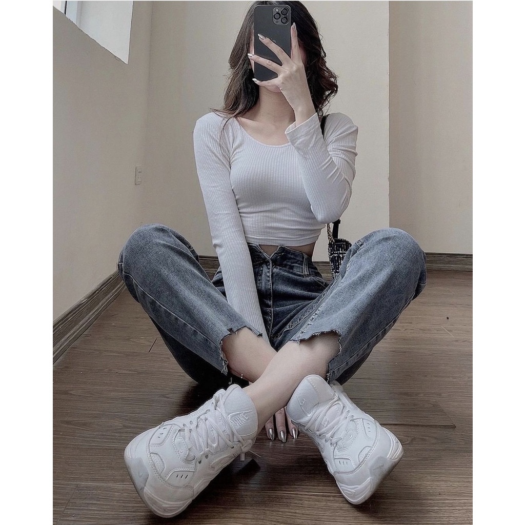 Quần jean nữ ống đứng cắt gấu quần bò suông xẻ rách gấu hách dáng chất jeans co giãn tốt-MINXY SHOP | BigBuy360 - bigbuy360.vn