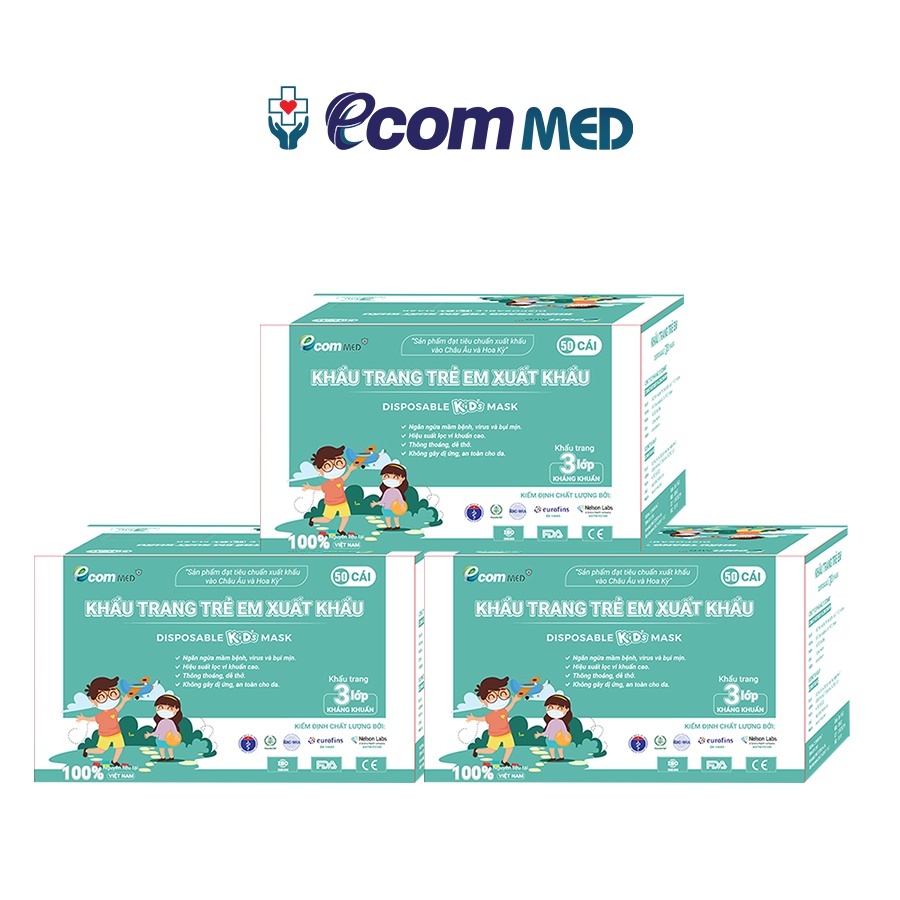 Combo 3 Hộp Khẩu Trang Y tế Trẻ Em EcomMed Có Họa Tiết Hoạt Hình (Hộp 50 cái) Thông Thoáng Không Đau Tai - Đạt chuẩn FDA