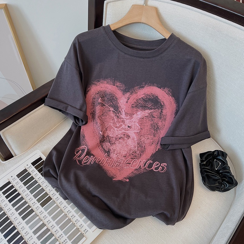 NRVP Áo thun cotton tay ngắn cổ tròn in hình trái tim thời trang mùa hè phong cách Hàn Quốc cho nữ