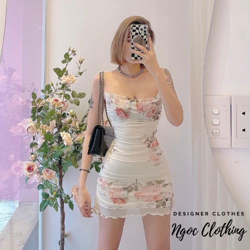 Váy 2 dây body dúm eo NGOCCLOTHING nữ  Đầm 2s ngắn ôm hoa nền trắng quyến rũ, sang trọng, vintage HOT