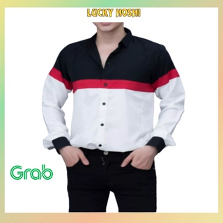 Áo sơ mi nam kiểu công sở cao cấp phối trắng đen đỏ tay dài chuẩn form Hàn Quốc vải lụa đẹp SMD04