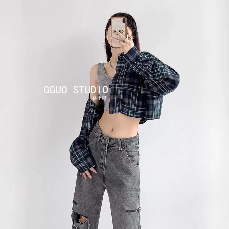 Áo Sơ Mi Tay Dài Dáng Rộng Họa Tiết Caro Phong Cách Hàn Quốc Mới