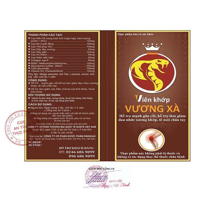 Viên Hỗ Trợ Giảm Đau Xương Khớp Vương Xà Cao Rắn Hổ Mang Toàn Tính 120mg