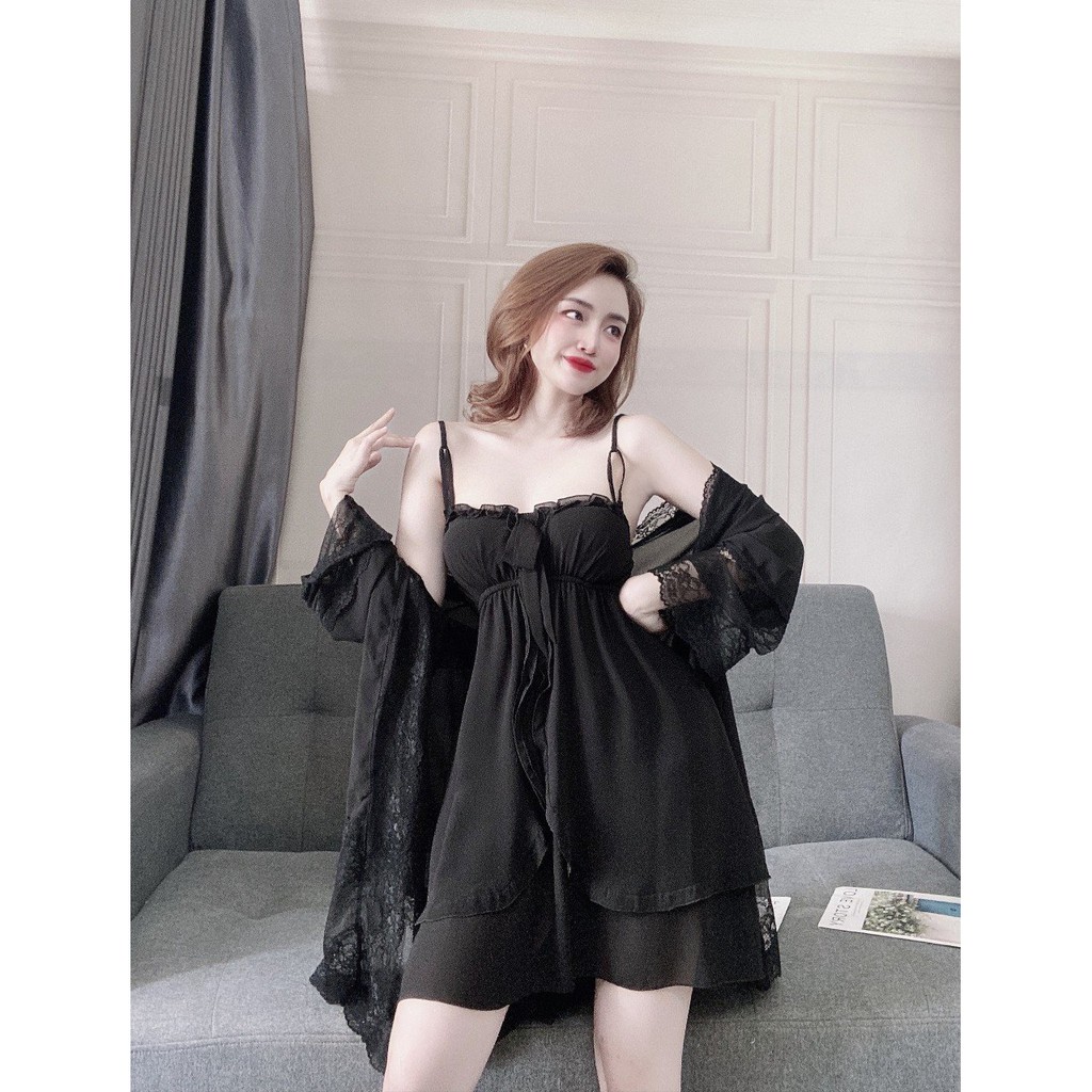 Set Áo Choàng Kèm Váy Ngủ, Váy Đầm Ngủ Sexy 2 Dây Nữ , Đồ Ngủ Sexy 3 Món Siêu Gợi Cảm. | BigBuy360 - bigbuy360.vn