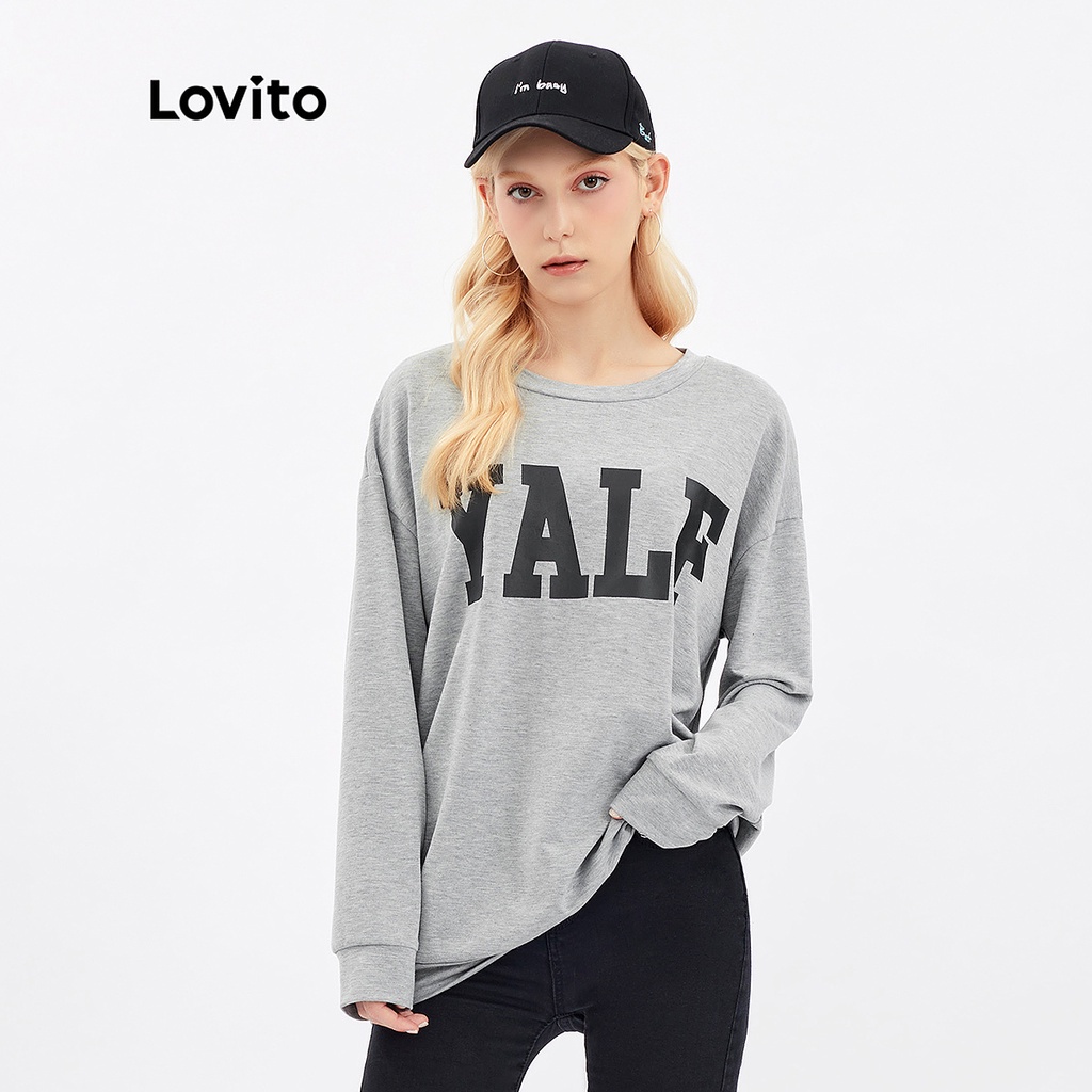 [Hàng có sẵn] Lovito Áo len cổ thuyền chữ Loose L30AD010 (Xám)