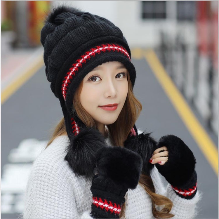 Set Nón Len + Găng Tay Len Dày Dặn Màu Trơn Chống Gió Thời Trang Mùa Đông Cho Nữ