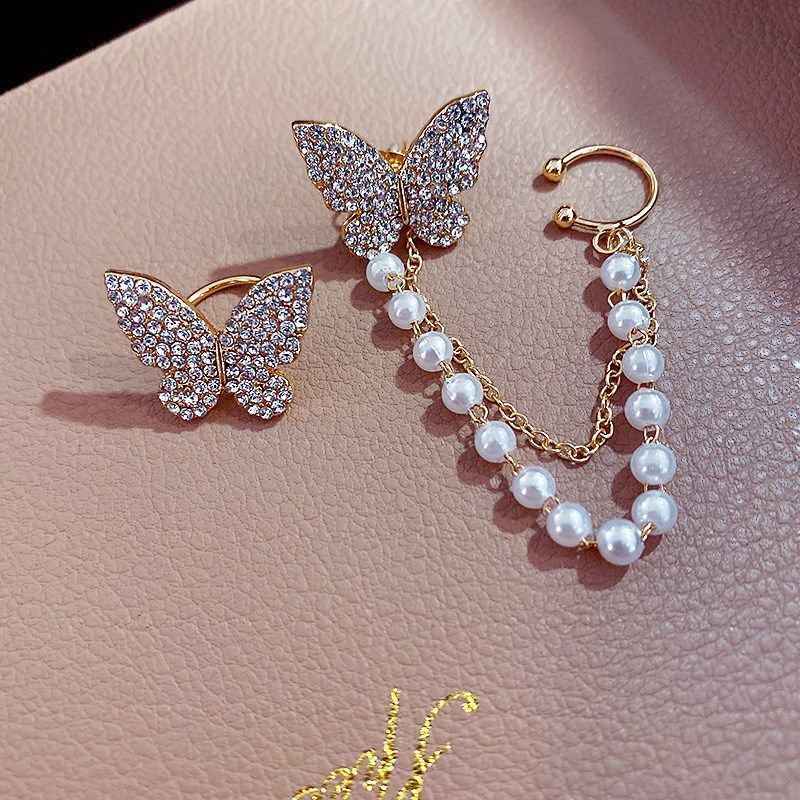 Khuyên Kẹp Vành Tai Không Đối Xứng Hình Bướm Đính Ngọc Trai Thời Trang Cho Nữ