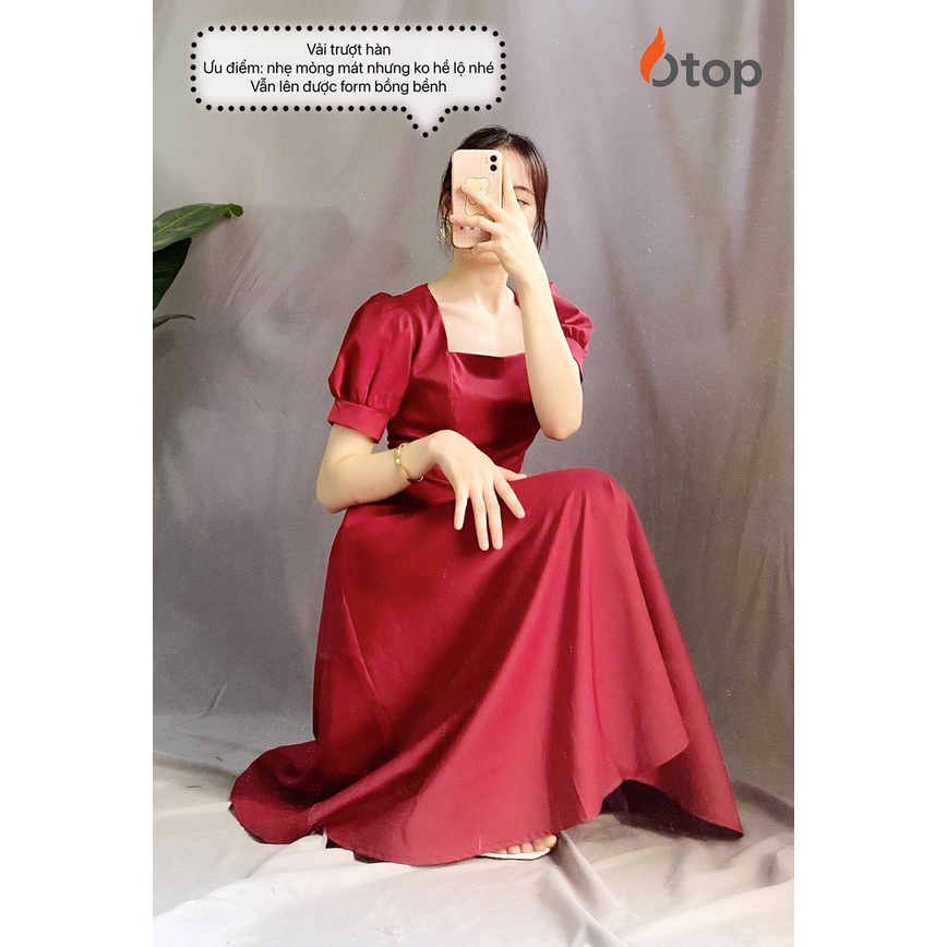 Váy voan lụa xòe cổ vuông thiết kế tay bồng OTOP mã Vaycovuongcoc125