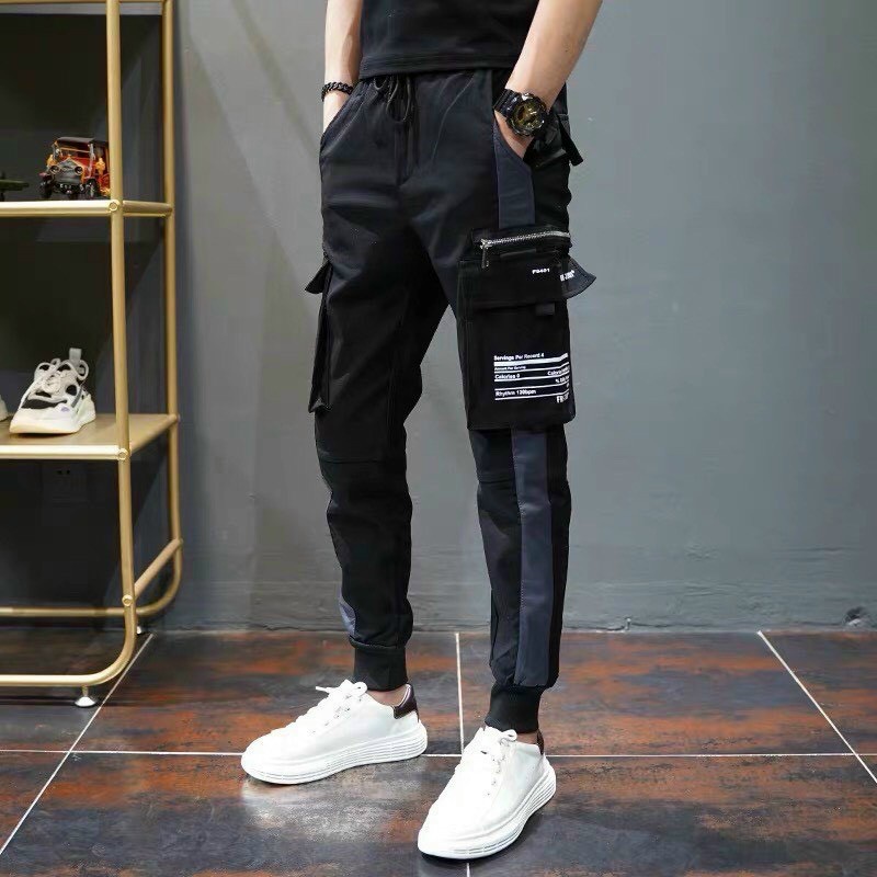 Quần dài kaki túi hộp viền vàng Nam Đen Trơn Cao Cấp Unisex QJ01