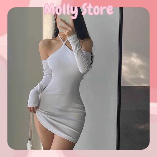 ( ĐBD57 ) Đầm nữ body Molly tay dài trễ vai cột dây cổ yếm 2 màu đen/trắng