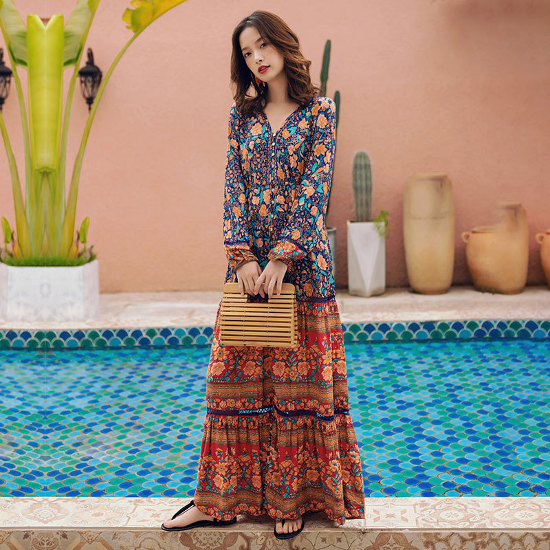 Đầm Cotton Pha Tay Dài In Họa Tiết Thổ Cẩm Nhiều Màu Sắc Size S-xl Phong Cách Bohemian