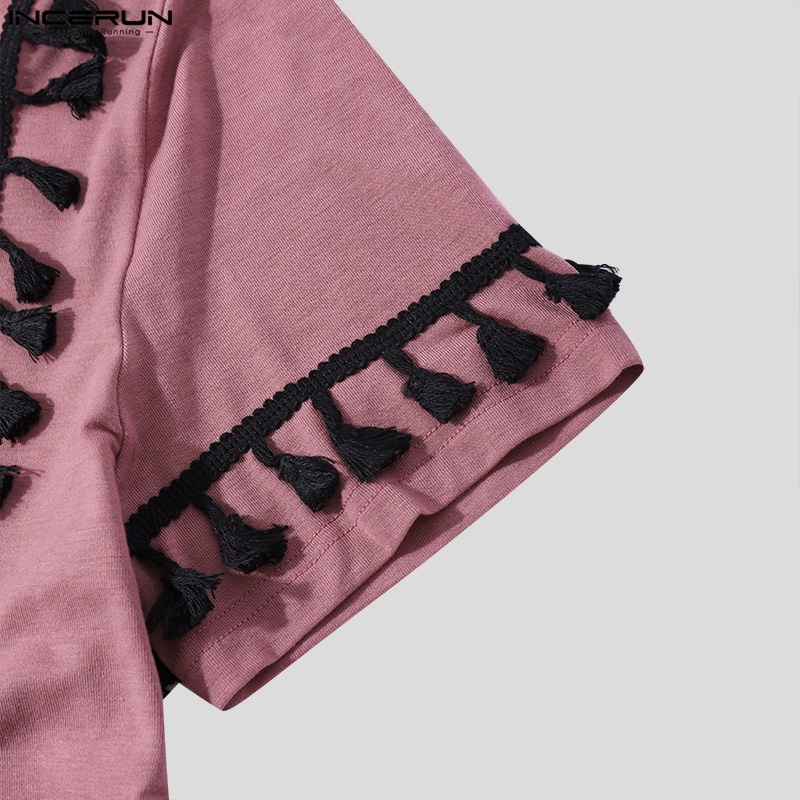 Áo thun INCERUN tay ngắn cổ tròn phối tua rua kiểu thổ cẩm thời trang dành cho nam