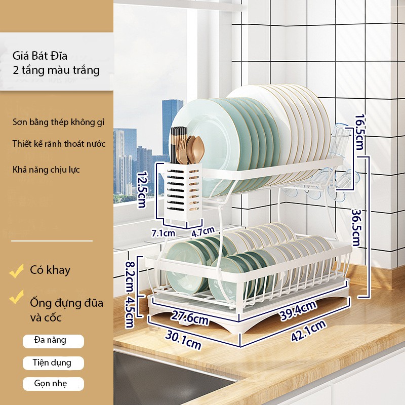Kệ úp bát đĩa đa năng, giá đựng bát đĩa hai tầng thông minh có rãnh nước