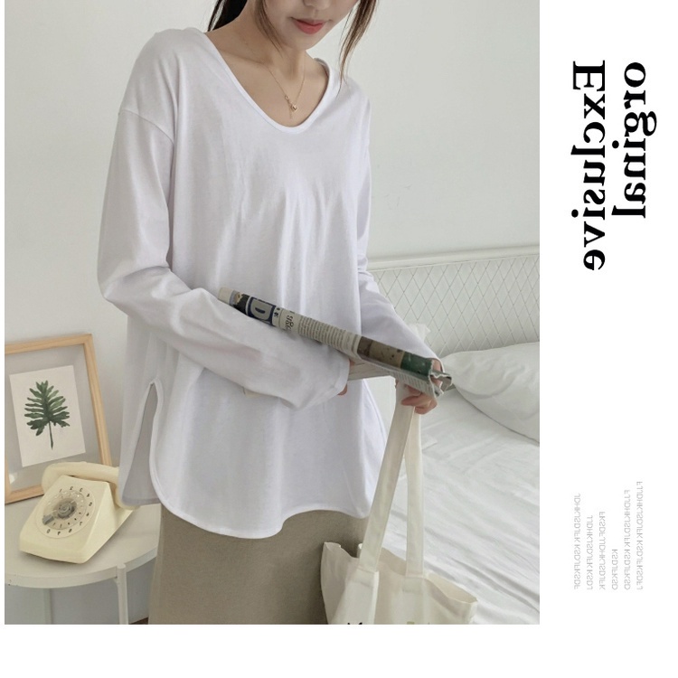 Áo thun dài tay cổ chữ v màu trơn thiết kế mới thời trang theo phong cách hàn quốc