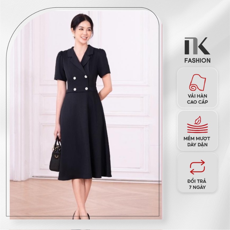 Đầm Thiết Kế Dáng Xòe Cổ Vest NK Fashion Tay Ngắn Phối Cúc Thanh Lịch, Chất Vải Nhập Hàn Dày Dặn Mềm Mát NKDV2205005
